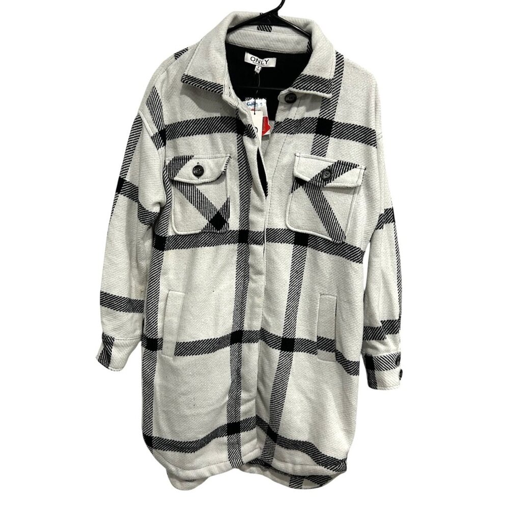 ONLY Plaid Button Up Long Shacket Coat Black White Checkered Pattern Sz Small